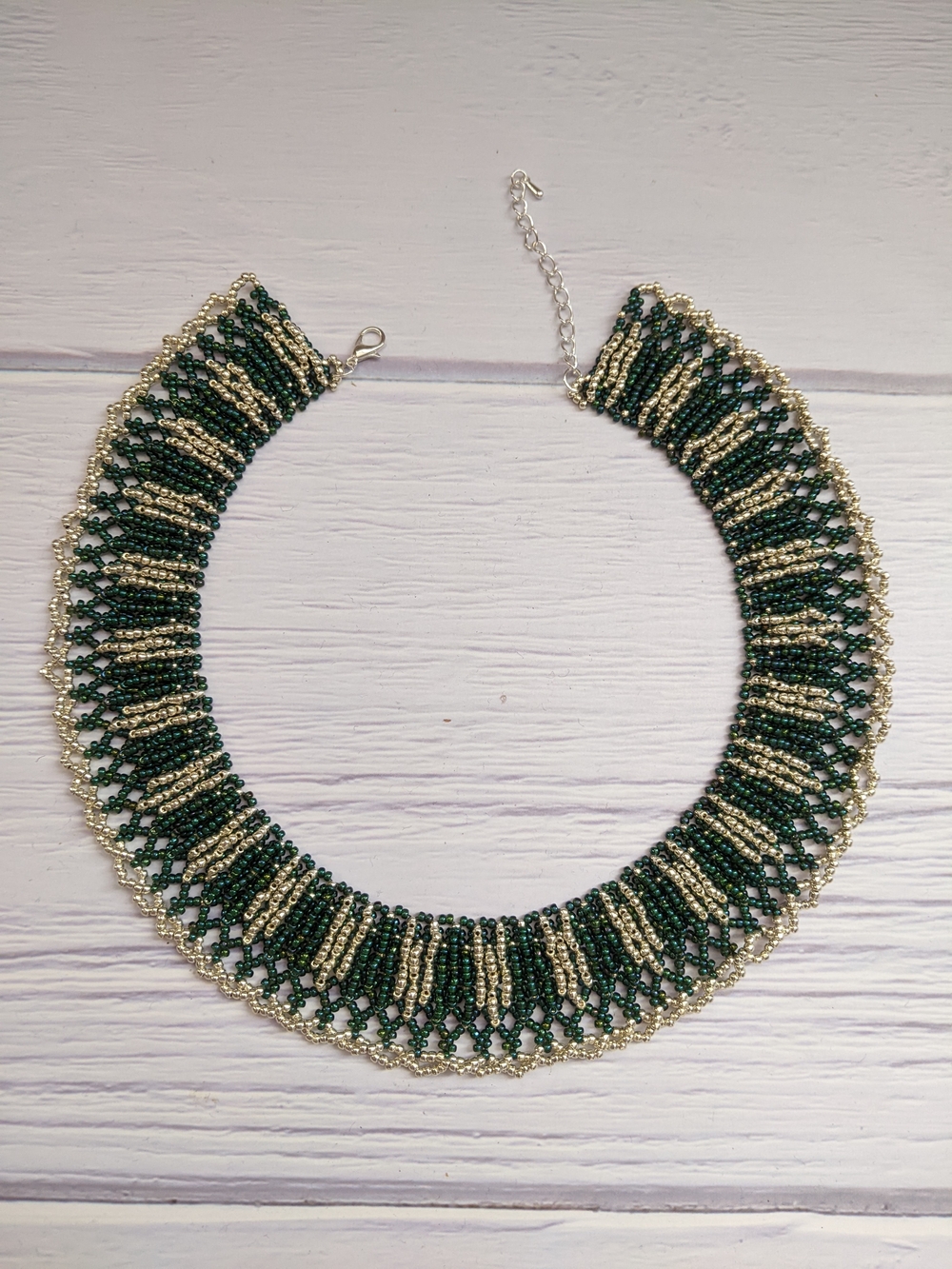 Handcrafted Green and Silver Beaded Collar Necklace